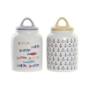 Tin DKD Home Decor White Multicolour Stoneware Mediterranean (2 Units)
