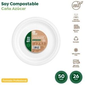 Set of reusable plates Maxi Products White Sugar Cane Ø 26 cm 50 Pieces (10 Units)