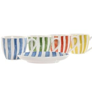 Set of 6 Cups with Plate Home ESPRIT Yellow Blue Green Coral Porcelain Stripes Mediterranean 90 ml