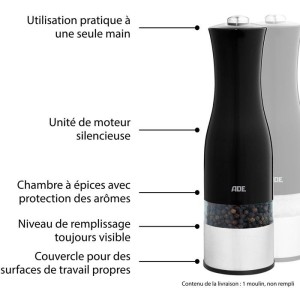 Moulin Poivre/Sel électrique - ADE -KITCHEN GADGETS - Acier inoxyda...
