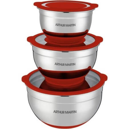 Salatschüssel-Set - ARTHUR MARTIN - AM032 - 16-20-24 cm - Luftdichte Deckel - Edelstahl - Rutschfester Silikonboden