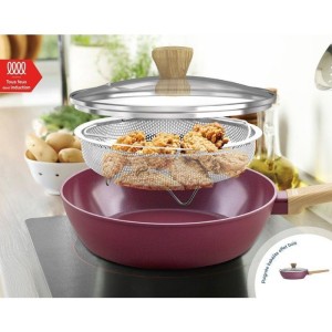 Sauteuse - Tous feux dont induction - ARTHUR MARTIN - AM3056 - Revetement céramique - Ø 24 cm - Couvercle et panier inox - Pru