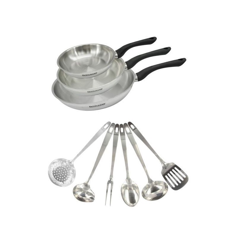 Set 3 poeles 20 24 et 28 cm en inox et 6 ustensiles inox Fackelmann Geneva