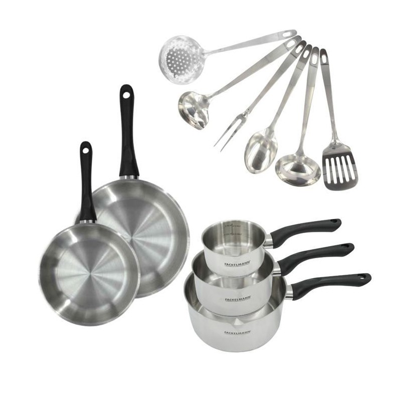 Batterie de cuisine - Tous feux dont induction - FACKELMANN - Geneva - Inox - 2 poeles 20 et 24, 3 casseroles et 6 ustensiles