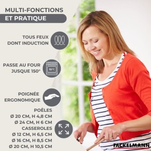 Batterie de cuisine - Tous feux dont induction - FACKELMANN - Geneva - Inox - 2 poeles 20 et 24, 3 casseroles et 6 ustensiles