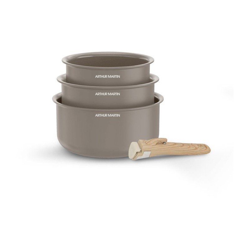 Set de 3 casseroles - Tous feux dont induction - ARTHUR MARTIN - AM1122 - Céramique - Ø 16-18-20 cm + poignée amovible - Taup