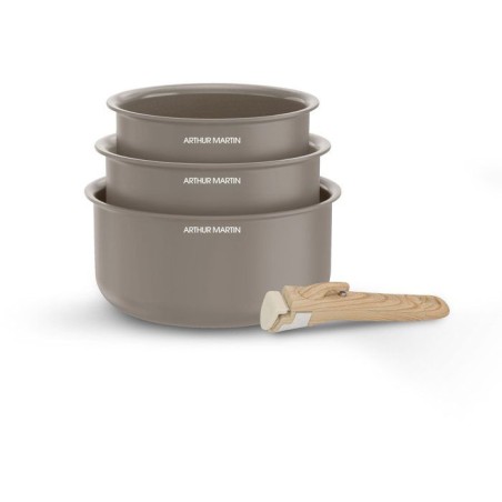 Set de 3 casseroles - Tous feux dont induction - ARTHUR MARTIN - AM1122 - Céramique - Ø 16-18-20 cm + poignée amovible - Taup
