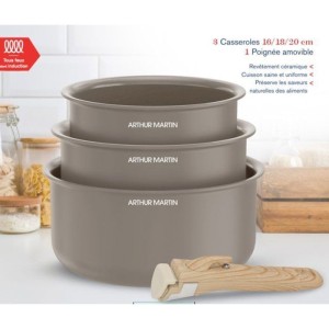 Set de 3 casseroles - Tous feux dont induction - ARTHUR MARTIN - AM1122 - Céramique - Ø 16-18-20 cm + poignée amovible - Taup