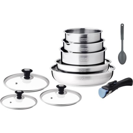 Batterie de cuisine induction - Arthur Martin - AM4485 - Acier inoxydable - 10 pieces - Poignée amovible - Tous feux dont induc