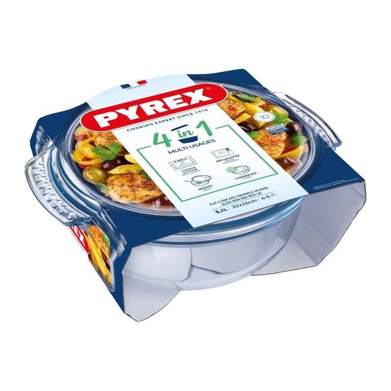 Cocotte - PYREX - 1450074 - Ronde - En verre borosilicate - 5,1 litres - Adapté au congélateur et micro-ondes