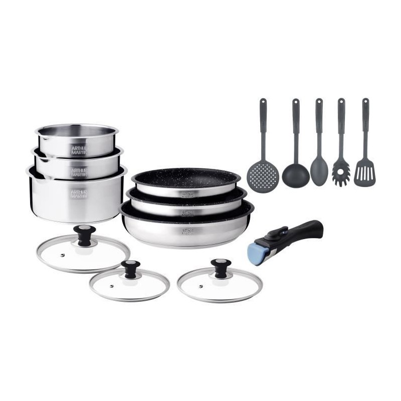 Batterie de cuisine induction - Arthur Martin - AM1275 - Acier inoxydable - 15 pieces - Poignée amovible - Tous feux dont induc