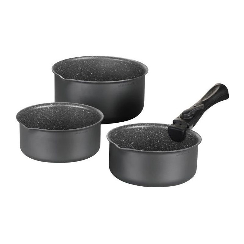 Set de 3 casseroles Gris Mat 16-18-20 cm + 1 poignée amovible - Aluminium – Revetement anti-adhésif - Tous feux dont inducti