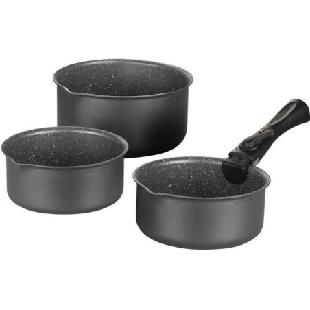 Set de 3 casseroles Gris Mat 16-18-20 cm + 1 poignée amovible - Aluminium – Revetement anti-adhésif - Tous feux dont inducti