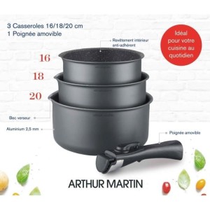 Set de 3 casseroles Gris Mat 16-18-20 cm + 1 poignée amovible - Aluminium – Revetement anti-adhésif - Tous feux dont inducti