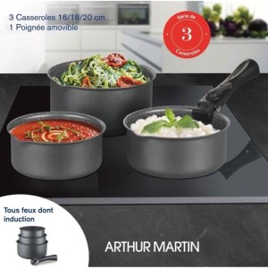 Set de 3 casseroles Gris Mat 16-18-20 cm + 1 poignée amovible - Aluminium – Revetement anti-adhésif - Tous feux dont inducti