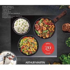 Batterie de cuisine - Tous feux dont induction - Arthur Martin - AM0530 - Aluminium - Anti-adhésif - 20 pieces - Poignée amovi