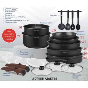 Batterie de cuisine - Tous feux dont induction - Arthur Martin - AM0530 - Aluminium - Anti-adhésif - 20 pieces - Poignée amovi