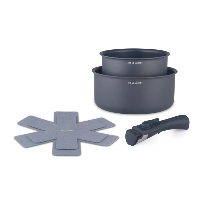Set de 2 casseroles - Tous feux dont induction - ARTHUR MARTIN - AM2984 - Anti-adhésif - Ø 16-20 cm + Poignée amovible - Gris