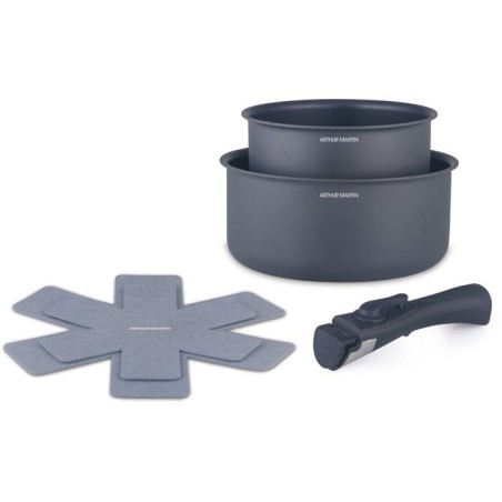 Set de 2 casseroles - Tous feux dont induction - ARTHUR MARTIN - AM2984 - Anti-adhésif - Ø 16-20 cm + Poignée amovible - Gris