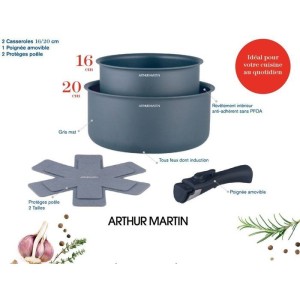 Set de 2 casseroles - Tous feux dont induction - ARTHUR MARTIN - AM2984 - Anti-adhésif - Ø 16-20 cm + Poignée amovible - Gris