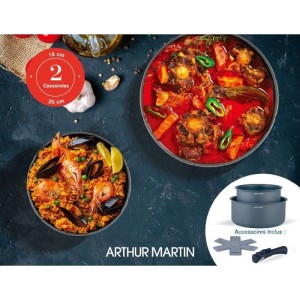 Set de 2 casseroles - Tous feux dont induction - ARTHUR MARTIN - AM2984 - Anti-adhésif - Ø 16-20 cm + Poignée amovible - Gris