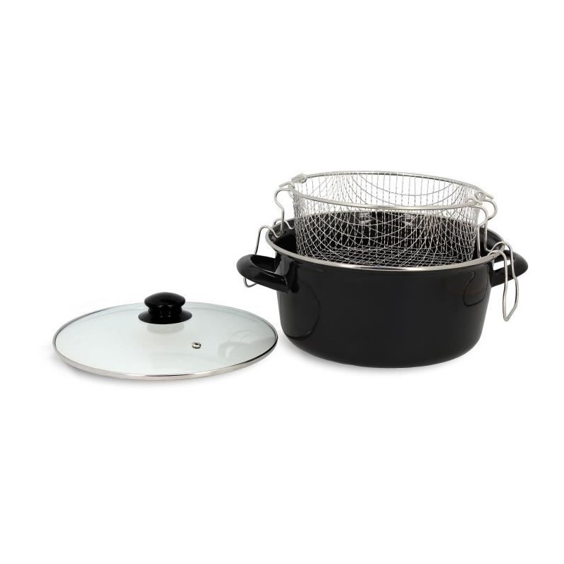 Friteuse - MENASTYL - 3645580 - En acier émaillé - Noir - 26 cm - Avec couvercle et panier - Tous feux dont induction