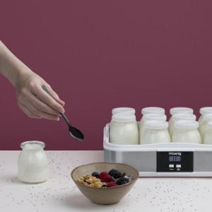 Yaourtiere HKoeNIG - ELY120 - Capacité 12 pots en verre de 160ml + 1 pot a fromage blanc (1,2L) - Programmable jusqu'a 15h - 15