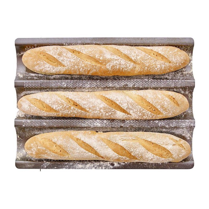 Plaque de cuisson perforée - BIRKMANN - EASY BAKING - Acier carbone - Anti adhésif - Pour 3 baguettes - 39,5 x 29,5 x 4,5 cm