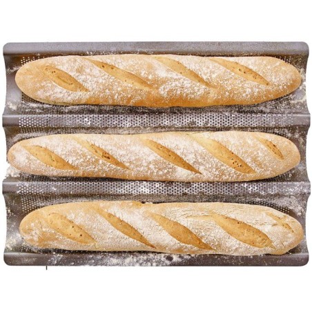 Plaque de cuisson perforée - BIRKMANN - EASY BAKING - Acier carbone - Anti adhésif - Pour 3 baguettes - 39,5 x 29,5 x 4,5 cm