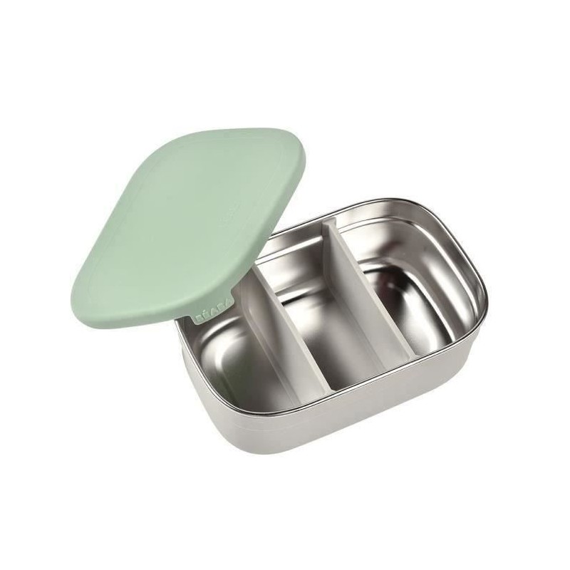 BEABA, Boîte repas enfant en inox, couvercle en silicone et housse de protection, Gris velours et vert sauge