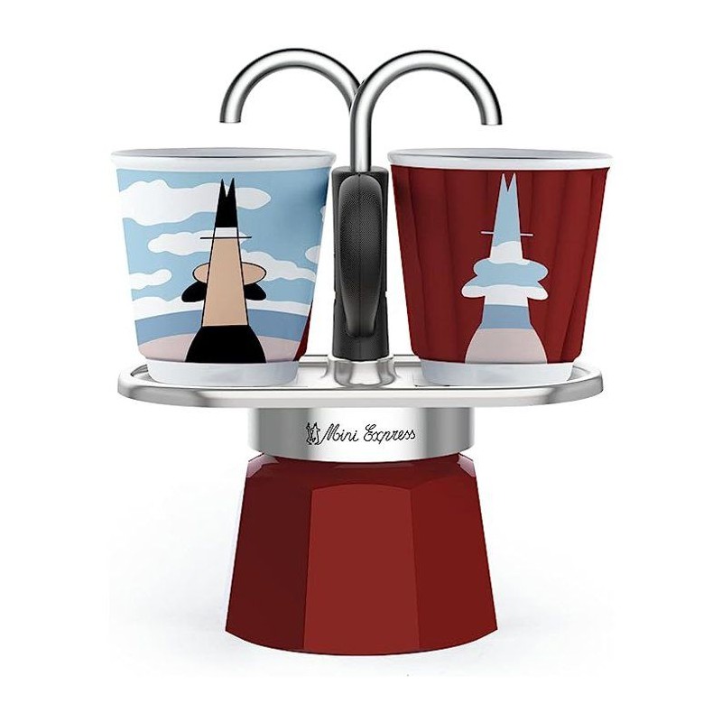 Set cafetiere italienne + 2 tasses - BIALETTI - Mini-express MAGRITTE - Inox / Rouge