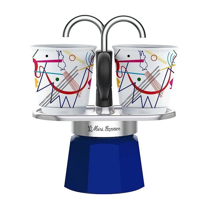 Set cafetiere italienne + 2 tasses - BIALETTI - Mini-express KANDINSKY - 100 ml - Inox / Bleu