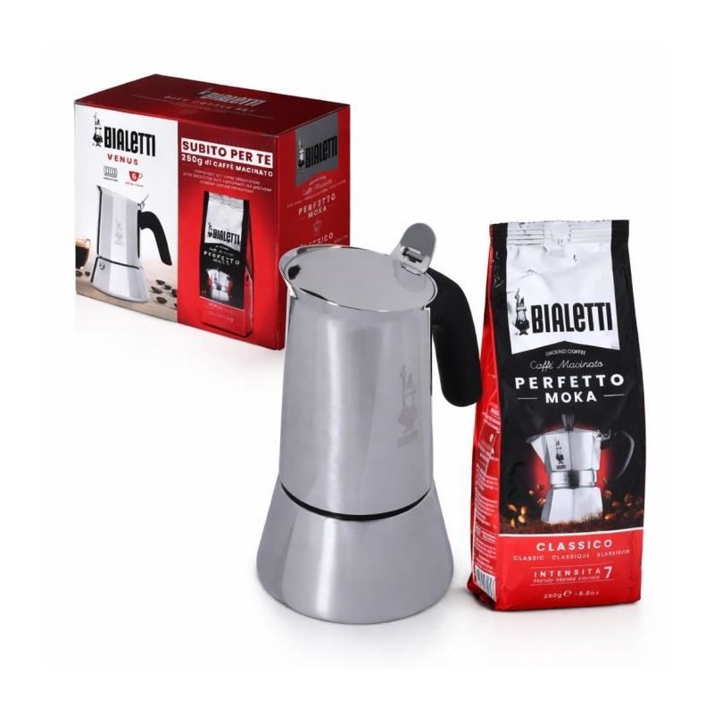 Cafetiere italienne Bialetti VENUS + 1 paquet de café Moka Classico 250 g - capacité 6 tasses - Argent