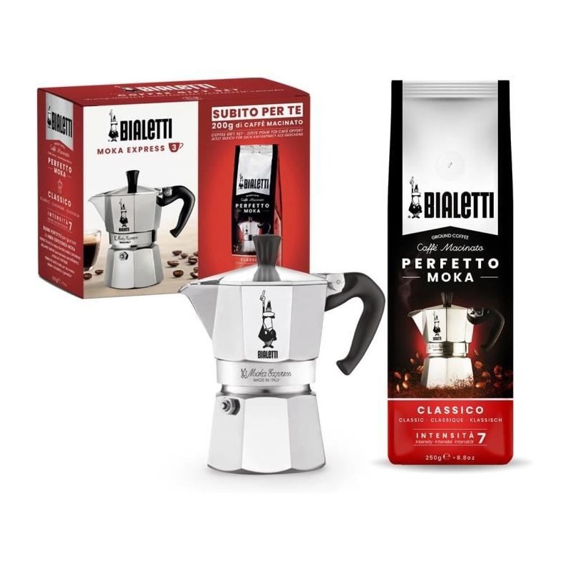 Cafetiere italienne + 1 Café Perfetto Moka Classico - BIALETTI - MOKA - 3 tasses - 0,30 L - Paquet de 250 g - Argent