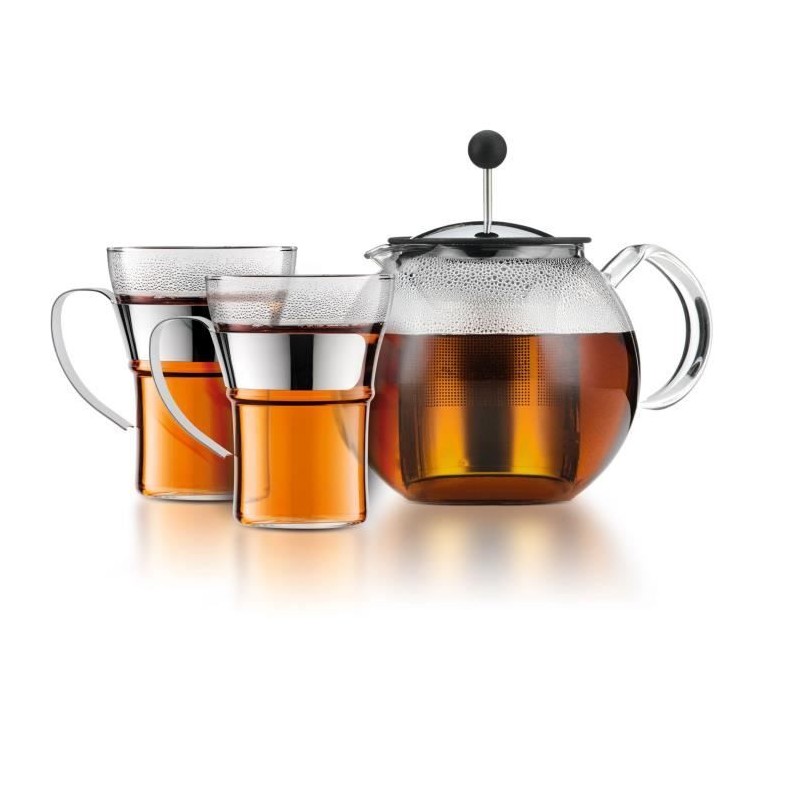 Teapot with press - BODUM - ASSAM SET - 1.0 l with lid, stainless steel filter + 2 glass cups with stainless steel handles 0.35