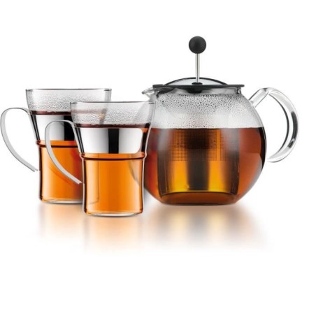 Teapot with press - BODUM - ASSAM SET - 1.0 l with lid, stainless steel filter + 2 glass cups with stainless steel handles 0.35