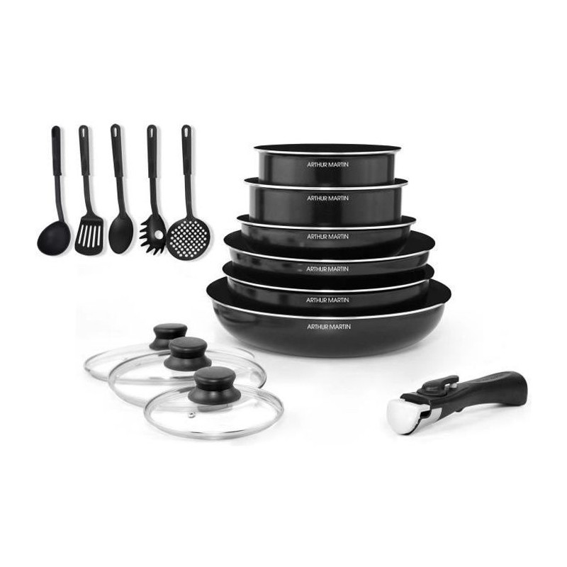 ARTHUR MARTIN Batterie de cuisine amovible 15 pieces 16-20-22-24-26 cm noir - Tous feux dont induction