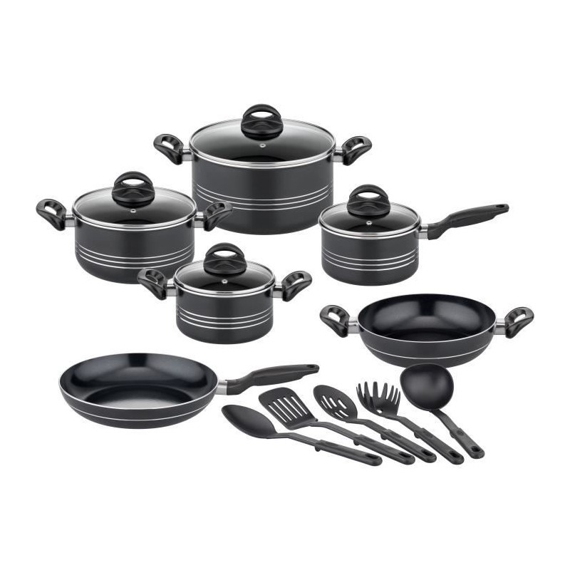 Batterie de cuisine - Induction - GSW - MILANO NERO - 15 pieces - Aluminium massif - Noir