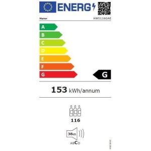 HAIER / HWS116GAE - Alternder Weinkeller - Klasse A - 116 Flaschen - Monozone - 1,27 m hoch - 59,5 cm breit