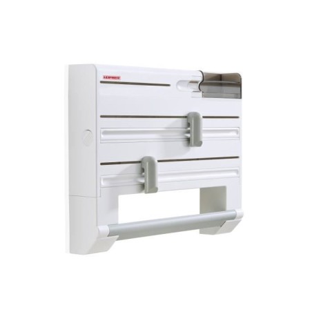 Dérouleur mural Leifheit Parat Plus ComfortLine 25723, porte-rouleau mural avec lames tranchantes et 6 places de rangements, bl