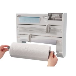 Dérouleur mural Leifheit Parat Plus ComfortLine 25723, porte-rouleau mural avec lames tranchantes et 6 places de rangements, bl