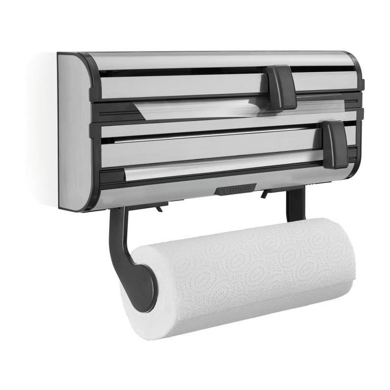 Dérouleur mural Leifheit Parat Royal 25793, porte-rouleau cuisine en acier inoxydable pour 3 rouleaux, lames tranchantes, blanc