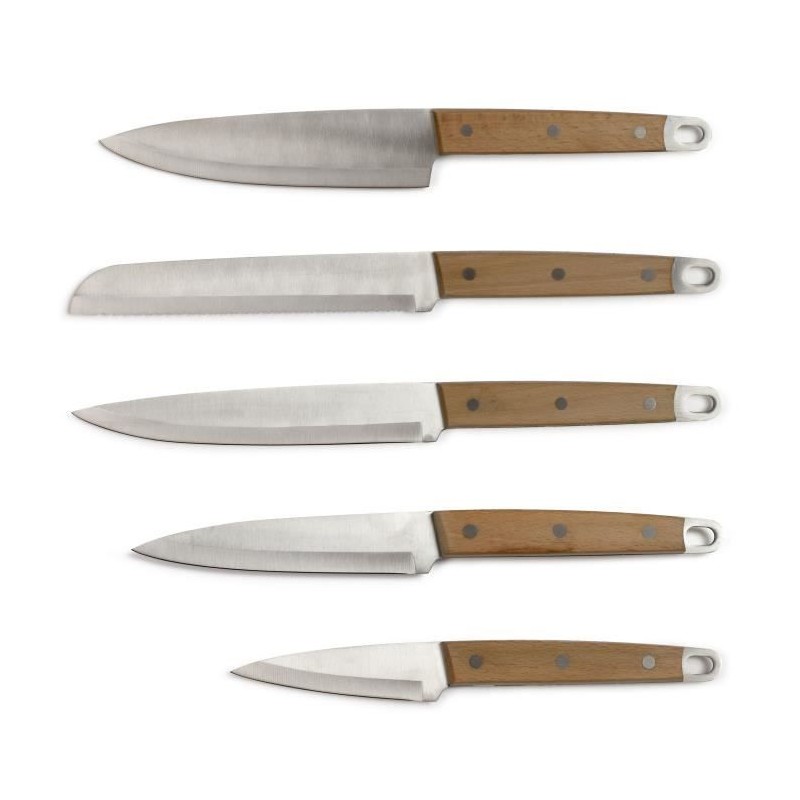 5er-Messerset - LIVOO - MEC129 - Messer: Koch-, Brot-, Küchen-, Schneide- und Schälmesser - Edelstahl - Buchengriff