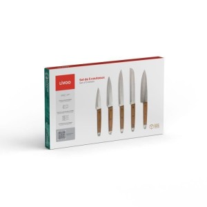 5er-Messerset - LIVOO - MEC129 - Messer: Koch-, Brot-, Küchen-, Schneide- und Schälmesser - Edelstahl - Buchengriff