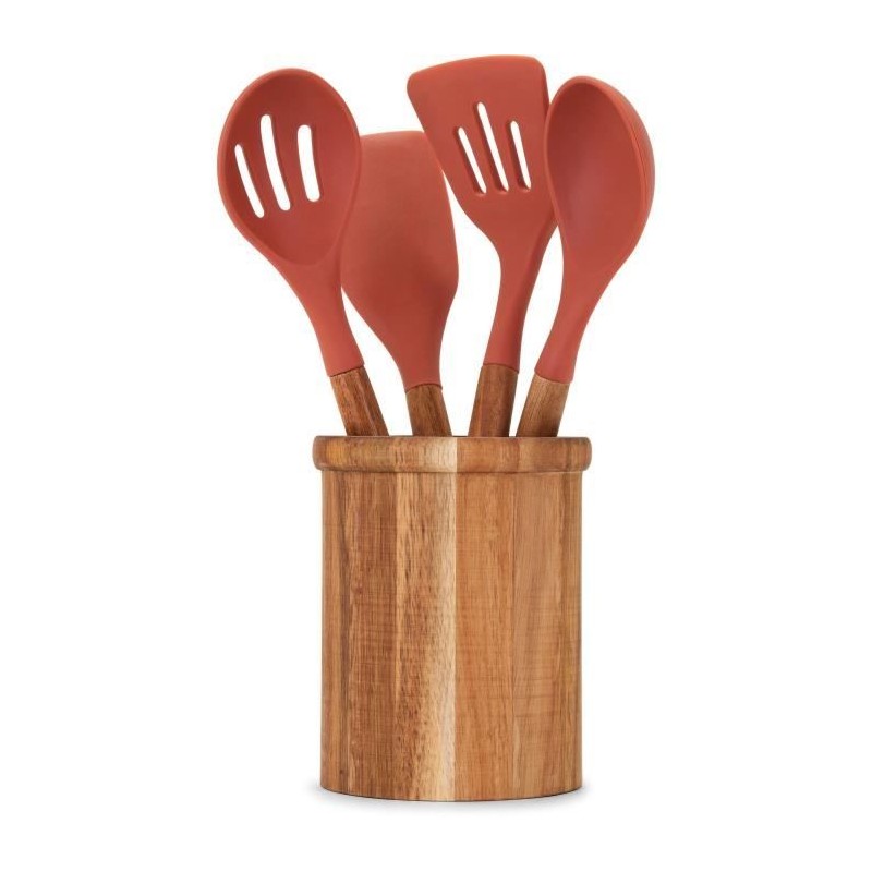 Set de 4 ustensiles - LIVOO - MES153 - Pot et ustensiles acacia FSC - En silicone 31 cm - Pot 15 x 12 cm