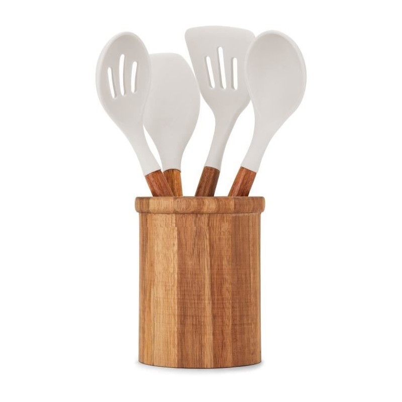 Set de 4 ustensiles avec pot - LIVOO - MES153G - Pot et ustensiles acacia FSC - En silicone 31 cm - Pot 15 sx 12 cm
