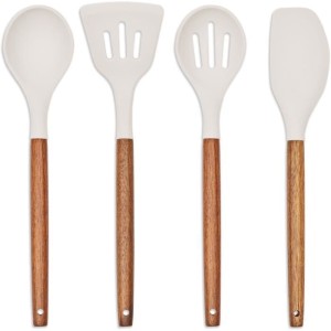 Set de 4 ustensiles avec pot - LIVOO - MES153G - Pot et ustensiles acacia FSC - En silicone 31 cm - Pot 15 sx 12 cm