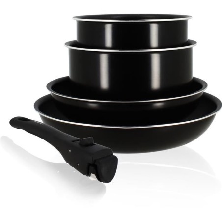 Batterie de cuisine - Induction - MENASTYL - 6020437 - Aluminium antiadhésif - 5 pieces - Poignée amovible - Noir