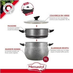 Couscoussier - MENASTYL - 6020033 - Marble effect aluminum - 9 liters - Suitable for all heat sources including induction