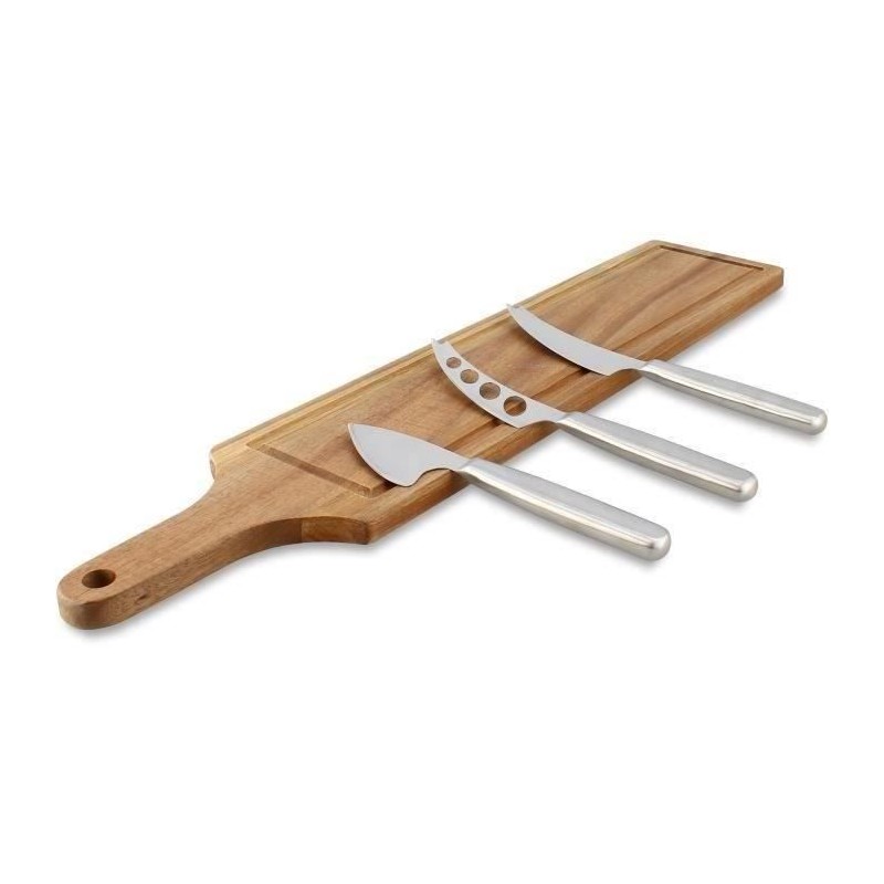 Planche a decouper - MENASTYL - 5040079 - Rectangulaire - En bois d'acacia - Avec 3 couteaux a fromage en inox